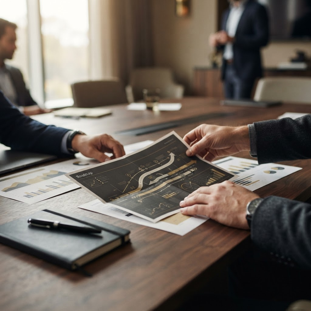 Strategic planning documents and a roadmap on a conference table